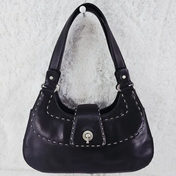 TALBOTS Black Smooth Leather Shoulder Bag Decorative Top Stitching Retro - Picture 15 of 15